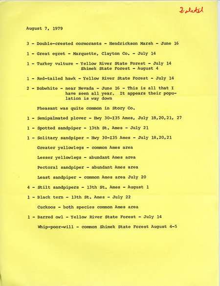 Field notes from Hank Zaletel noting various bird sightings. He notes the low number of Northern Bobwhite sightings. This item was used as supporting documentation for the Iowa Ornithologists' Union Quarterly Report of summer 1979.