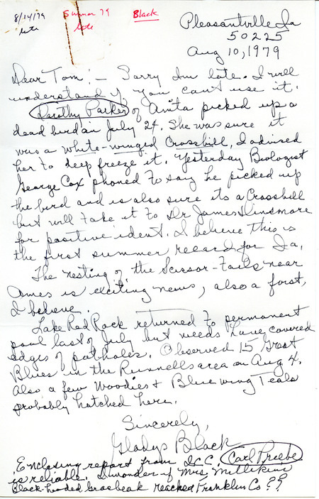 Field notes for fall 1979 contributed by Gladys Black in a letter to Thomas H. Kent. This item was used as supporting documentation for the Iowa Ornithologists Union Quarterly field report of fall 1979.