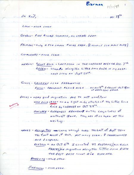 Letter from Dick Bierman to Thomas H. Kent regarding bird sightings, November 28, 1979. This item was used as supporting documentation for the Iowa Ornithologists' Union Quarterly field report of fall 1979.