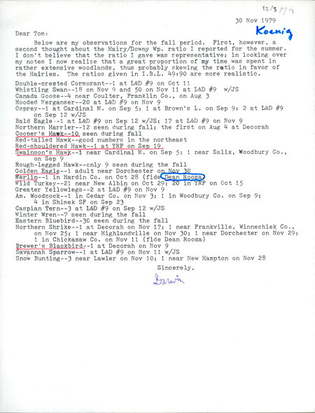 Field notes contributed by Darwin Koenig in a letter to Thomas H. Kent, November 30, 1979. This item was used as supporting documentation for the Iowa Ornithologists Union Quarterly field report of fall 1979.