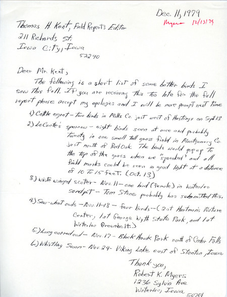 Field notes contributed by Robert K. Meyers in a letter to Thomas H. Kent, December 11, 1979. This item was used as supporting documentation for the Iowa Ornithologists Union Quarterly field report of fall 1979.