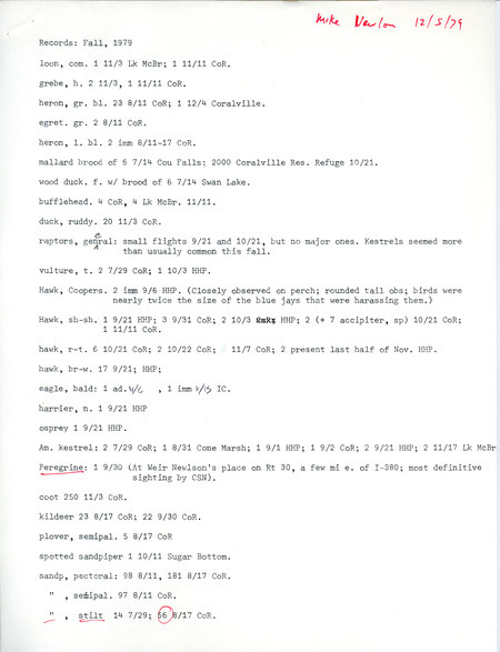 List of birds and locations contributed by Mike Newlon. This item was used as supporting documentation for the Iowa Ornithologists Union Quarterly field report of fall 1979.