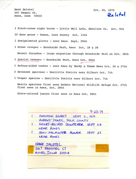 Field notes contributed by Hank and Linda Zaletel, October 29, 1979. The field notes include a note card with bird sightings dated September 23, 1979. This item was used as supporting documentation for the Iowa Ornithologists Union Quarterly field report of fall 1979.