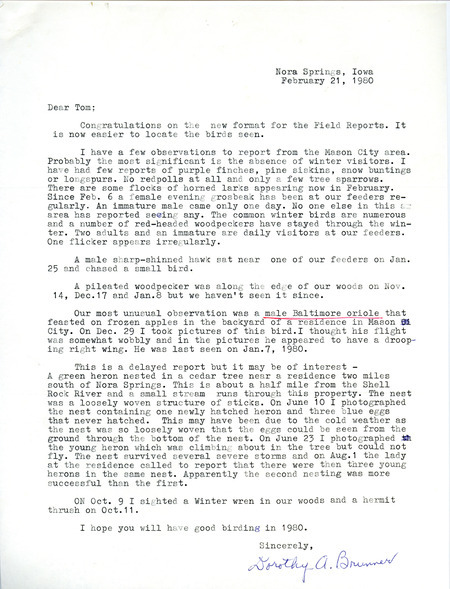 Field notes contributed by Dorothy A. Brunner in a letter to Thomas H. Kent, February 21, 1980. This item was used as supporting documentation for the Iowa Ornithologists Union Quarterly field report of winter 1979-1980.