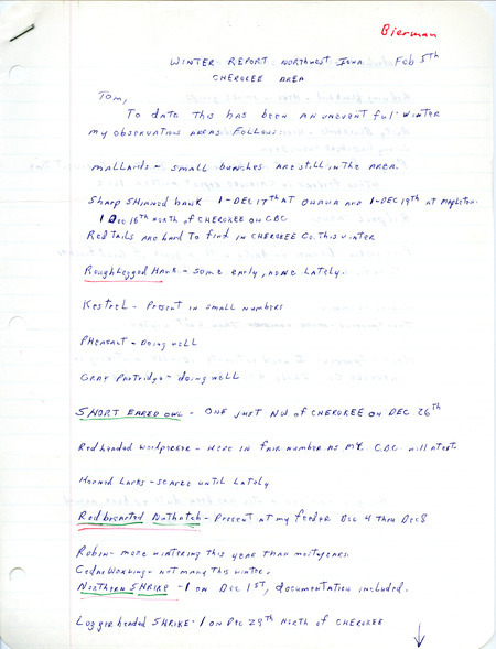 Field notes contributed by Dick Bierman in a letter to Thomas H. Kent, February 5,1980. This item was used as supporting documentation for the Iowa Ornithologists' Union Quarterly field report of winter 1979-1980.