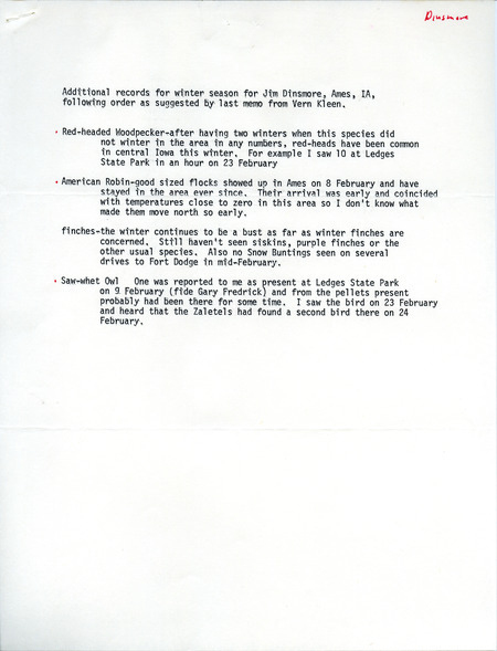 Field notes contributed by James J. Dinsmore, winter 1979-1980, Ames, Iowa. The field notes include additional bird sighting information. This item was used as supporting documentation for the Iowa Ornithologists Union Quarterly field report of winter 1979-1980.