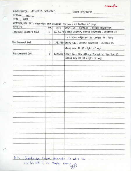 List of birds and locations contributed by Joseph M. Schaefer. This item was used as supporting documentation for the Iowa Ornithologists Union Quarterly field report of winter 1979-1980.