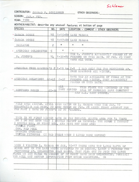 List of birds and locations contributed by Conrad F. Schlemmer. This item was used as supporting documentation for the Iowa Ornithologists Union Quarterly field report of winter 1979-1980.