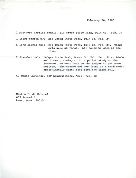 List of birds and locations contributed by Hank and Linda Zaletel. This item was used as supporting documentation for the Iowa Ornithologists Union Quarterly field report of winter 1979-1980.