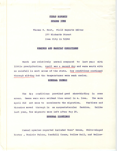 Quarterly field report for the spring of 1980 titled "field reports spring 1980."