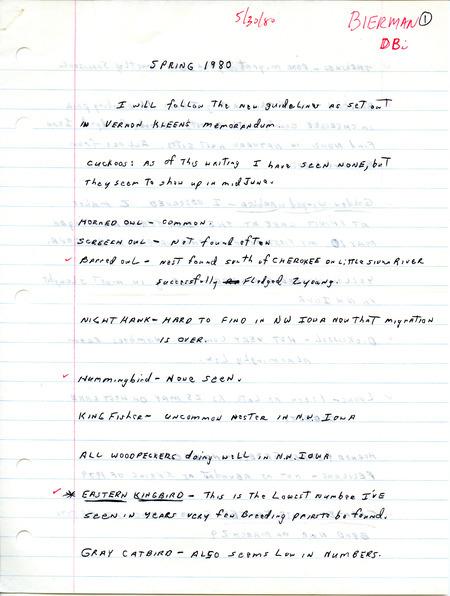 List of birds and locations contributed by Dick Bierman. This item was used as supporting documentation for the Iowa Ornithologists Union Quarterly field report of spring 1980.