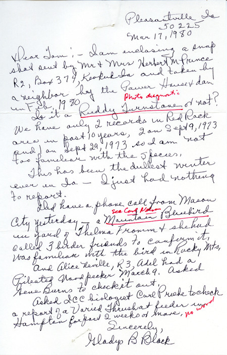Field notes contributed by Gladys Black in a letter to Thomas H. Kent, March 17, 1980. This item was used as supporting documentation for the Iowa Ornithologists Union Quarterly field report of spring 1980.
