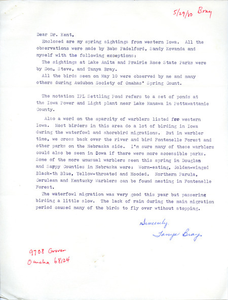 List of birds and locations contributed by Tanya Bray with observers Don Bray, Sandra Kovanda and Babs Padelford. This item was used as supporting documentation for the Iowa Ornithologists Union Quarterly field report of spring 1980.