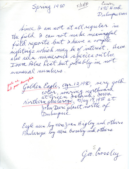 List of birds and locations contributed by George E. Crossley. This item was used as supporting documentation for the Iowa Ornithologists Union Quarterly field report of spring 1980.