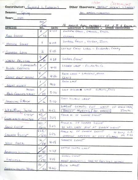 List of birds and locations contributed by Raymond L. Cummins with observers Thaine Hopkins and Ronald Harms. This item was used as supporting documentation for the Iowa Ornithologists Union Quarterly field report of spring 1980.