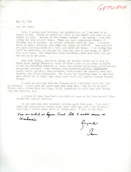 Field notes contributed by Ione Getscher in a letter to Thomas H. Kent, May 19, 1980 with observers Ruth Phipps and Genevieve DeLong. This item was used as supporting documentation for the Iowa Ornithologists Union Quarterly field report of spring 1980.