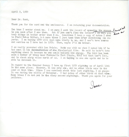 Field notes contributed by Ione Getscher in a letter to Thomas H. Kent, May 19, 1980. The field notes contain additional species information. This item was used as supporting documentation for the Iowa Ornithologists Union Quarterly field report of spring 1980.