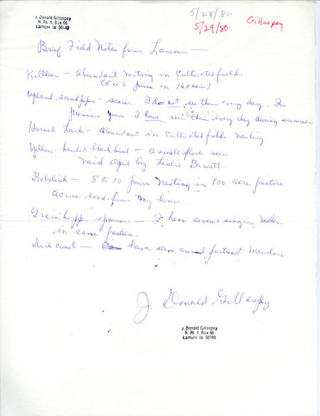 List of birds and locations contributed by J. Donald Gillaspey. This item was used as supporting documentation for the Iowa Ornithologists Union Quarterly field report of spring 1980.