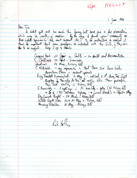 Field notes contributed by Richard Jule Hollis in a letter to Thomas H. Kent, June 1, 1980. This item was used as supporting documentation for the Iowa Ornithologists Union Quarterly field report of spring 1980.