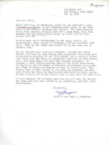 Field notes contributed by Jack W. Musgrove and Mary R. Musgrove in a letter to Thomas H. Kent regarding the sighting of a male pileated woodpecker. This item was used as supporting documentation for the Iowa Ornithologists Union Quarterly field report of spring 1980.
