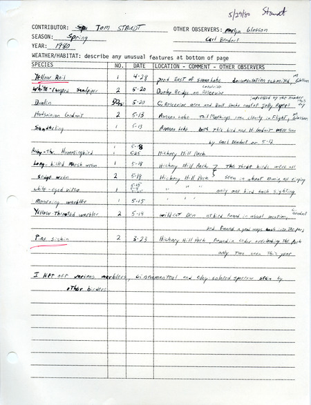 List of birds and locations contributed by Thomas J. Staudt with observers Marilyn Smith Glasson and Carl J. Bendorf. This item was used as supporting documentation for the Iowa Ornithologists Union Quarterly field report of spring 1980.