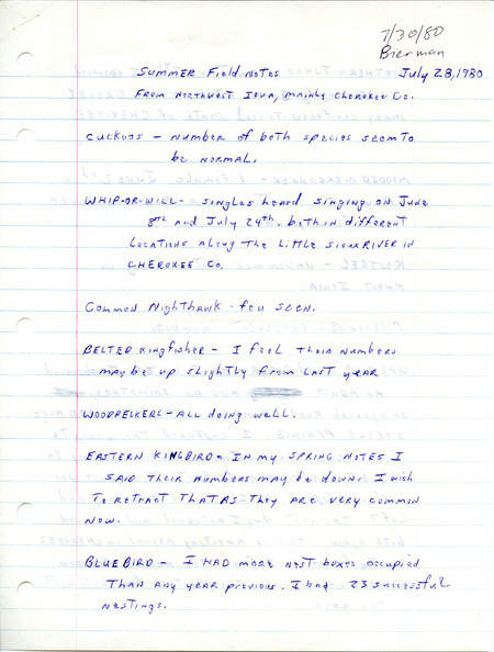 List of birds and locations contributed by Dick Bierman. This item was used as supporting documentation for the Iowa Ornithologists Union Quarterly field report of summer 1980.
