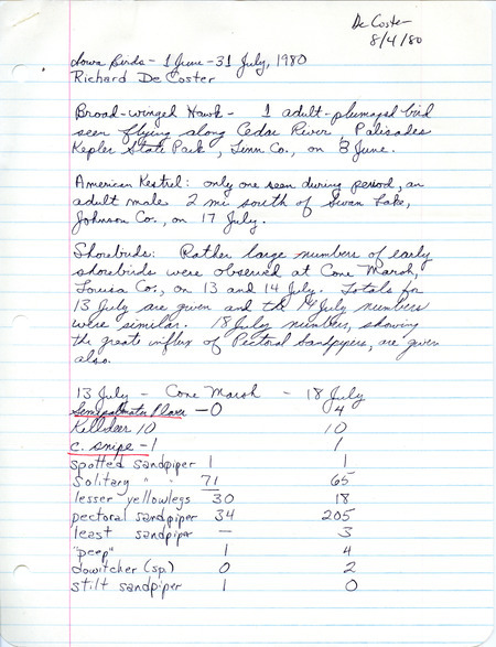 List of birds and locations contributed by Rich DeCoster. This item was used as supporting documentation for the Iowa Ornithologists Union Quarterly field report of summer 1980.