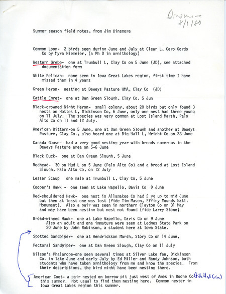 List of birds and locations contributed by James J. Dinsmore. This item was used as supporting documentation for the Iowa Ornithologists Union Quarterly field report of summer 1980.