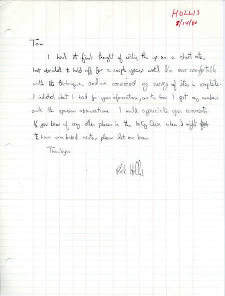 Letter from Richard Jule Hollis regarding the accompanying report on Cliff Swallows in Iowa City. The report consists of a study of breeding habits of Cliff Swallows. This item was used as supporting documentation for the Iowa Ornithologists Union Quarterly field report of summer 1980.