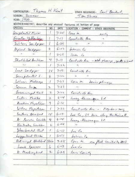 List of birds and locations contributed by Thomas H. Kent with observers Carl J. Bendorf and Thomas K. Shires. This item was used as supporting documentation for the Iowa Ornithologists Union Quarterly field report of summer 1980.