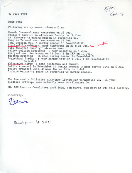 Field notes contributed by Darwin Koenig in a letter to Thomas H. Kent, July 30, 1980. This item was used as supporting documentation for the Iowa Ornithologists Union Quarterly field report of summer 1980.