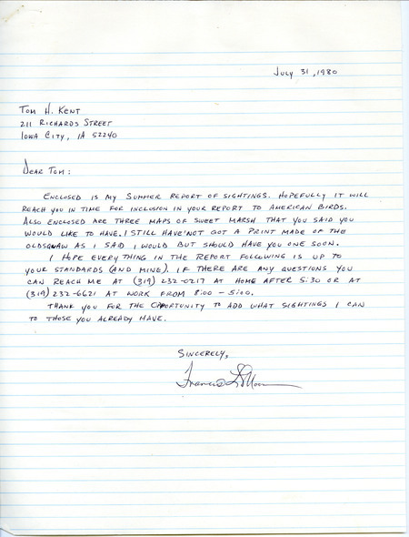 Field notes contributed by Francis L. Moore in a letter to Thomas H. Kent July 31, 1980 with observer Robert K. Myers. This item was used as supporting documentation for the Iowa Ornithologists Union Quarterly field report of summer 1980.