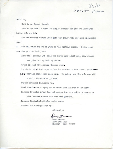 Field notes contributed by Dean Mosman in a letter to Thomas H. Kent, July 29, 1980. This item was used as supporting documentation for the Iowa Ornithologists Union Quarterly field report of summer 1980.