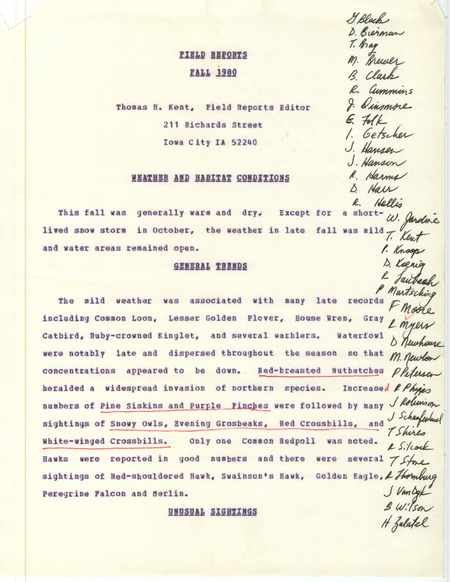 Quarterly field report for the Fall of 1980 titled "Field Reports, Fall 1980." A list of birds and locations compiled by Thomas H. Kent, Field Reports Editor. This report notes what may be the first tangible evidence of a Brant in Iowa, the first verified sighting of a Curve-billed Thrasher, and announces the retirement of Vernon Kleen after ten years as Regional Editor of the Middlewestern Prairie Region.