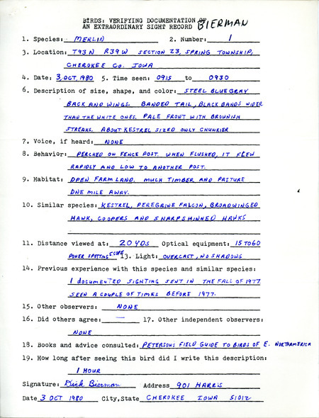Dick Bierman documents the sighting of a Merlin in Cherokee County. He previously documented a Merlin sighting in the Fall of 1977. This item was used as supporting documentation for the Iowa Ornithologists Union Quarterly field report of Fall 1980.
