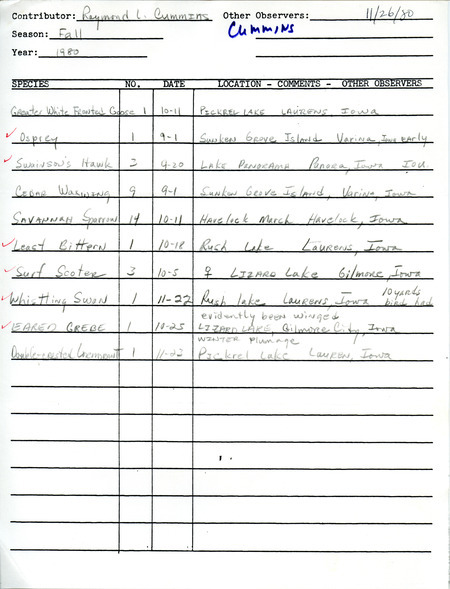 An annotated bird sighting list for Fall from Raymond L. Cummins, dated November 26, 1980. This item was used as supporting documentation for the Iowa Ornithologists Union Quarterly field report of Fall 1980.