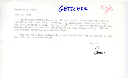 Jane Getscher letter mentions warm weather and focuses on Geese and other recent sightings. This item was used as supporting documentation for the Iowa Ornithologists Union Quarterly field report of Fall 1980.