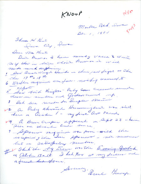Pearl Knoop letter reports bird sightings and observations from Marble Rock. This item was used as supporting documentation for the Iowa Ornithologists Union Quarterly field report of Fall 1980.