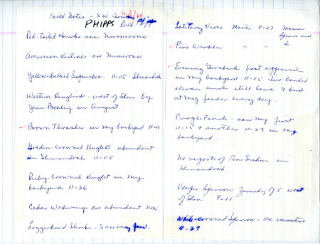 A list of birds sighted by Ruth Phipps and others around Shenandoah. This item was used as supporting documentation for the Iowa Ornithologists Union Quarterly field report of Fall 1980.