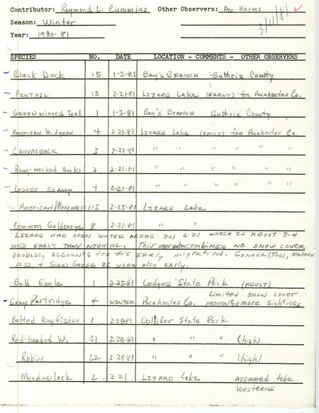 An annotated list of birds sighted by Raymond L. Cummins and Doc Harms. This item was used as supporting documentation for the Iowa Ornithologists Union Quarterly field report of winter 1980-1981.