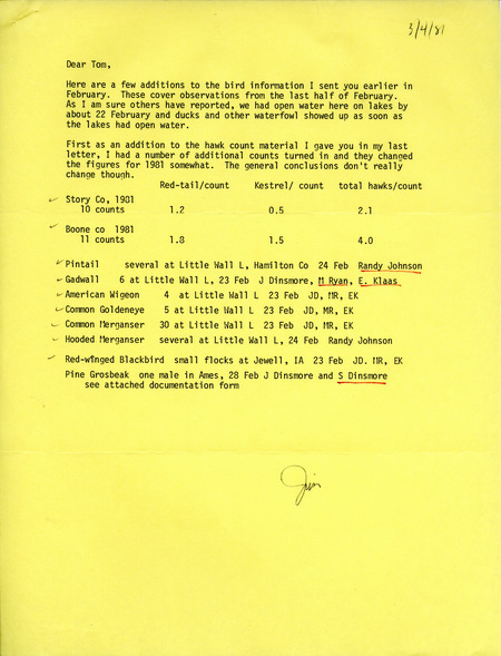 This letter updates the Jim Dinsmore report on the raptor survey for Story and Boone Counties and also includes additional sightings by Jim Dinsmore and others. This item was used as supporting documentation for the Iowa Ornithologists Union Quarterly field report of winter 1980-1981.