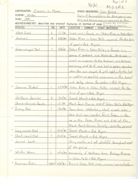 An annotated list of birds sighted by Francis L. Moore and others. This item was used as supporting documentation for the Iowa Ornithologists Union Quarterly field report of winter 1980-1981.