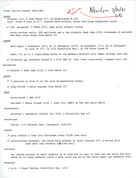 An annotated list of birds sighted by Michael Newlon. This item was used as supporting documentation for the Iowa Ornithologists Union Quarterly field report of winter 1980-1981.