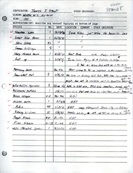 An annotated list of birds sighted by Thomas J. Staudt around the Iowa City area. This item was used as supporting documentation for the Iowa Ornithologists Union Quarterly field report of winter 1980-1981.