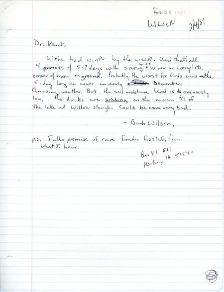 The letter discusses the winter weather and the effect it's had on the ducks at Willow Slough. Included with the letter is an annotated list of birds sighted. This item was used as supporting documentation for the Iowa Ornithologists Union Quarterly field report of winter 1980-1981.