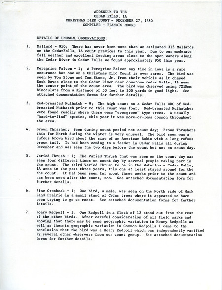 Details of unusual observations compiled by Francis Moore. This item was used as supporting documentation for the Iowa Ornithologists Union Quarterly field report of winter 1980-1981.