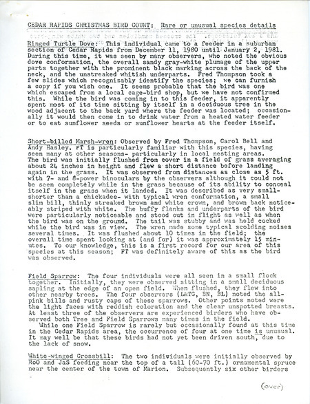 Rare or unusual species details from the Cedar Rapids Christmas bird County. This item was used as supporting documentation for the Iowa Ornithologists Union Quarterly field report of winter 1980-1981.