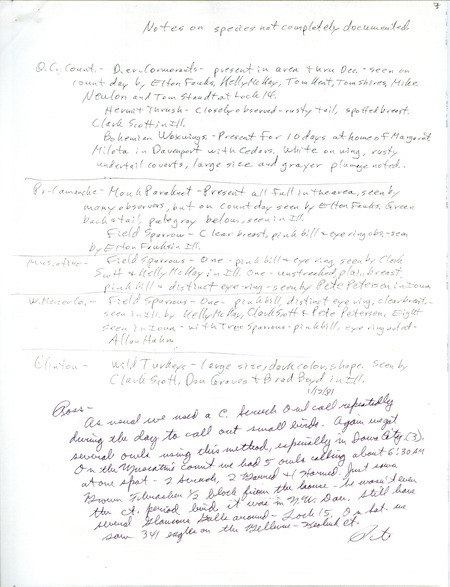 Hand written notes detailing birds sighted by multiple people in multiple locations compiled by Peter C. Peterson. The field notes include a note from Peter C. Petersen to Ross W. Silcock regarding observations of owls and of birds along the Mississippi River. This item was used as supporting documentation for the Iowa Ornithologists Union Quarterly field report of winter 1980-1981.