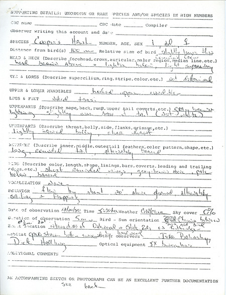 A form submitted by Dick Hallberg documenting the sighting of a Cooper's Hawk on December 20, 1980. This item was used as supporting documentation for the Iowa Ornithologists Union Quarterly field report of winter 1980-1981.
