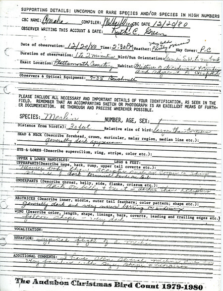 A form documenting the sighting of a Merlin at the Plattsmouth Cemetery submitted by Ruth Green. This item was used as supporting documentation for the Iowa Ornithologists Union Quarterly field report of winter 1980-1981.